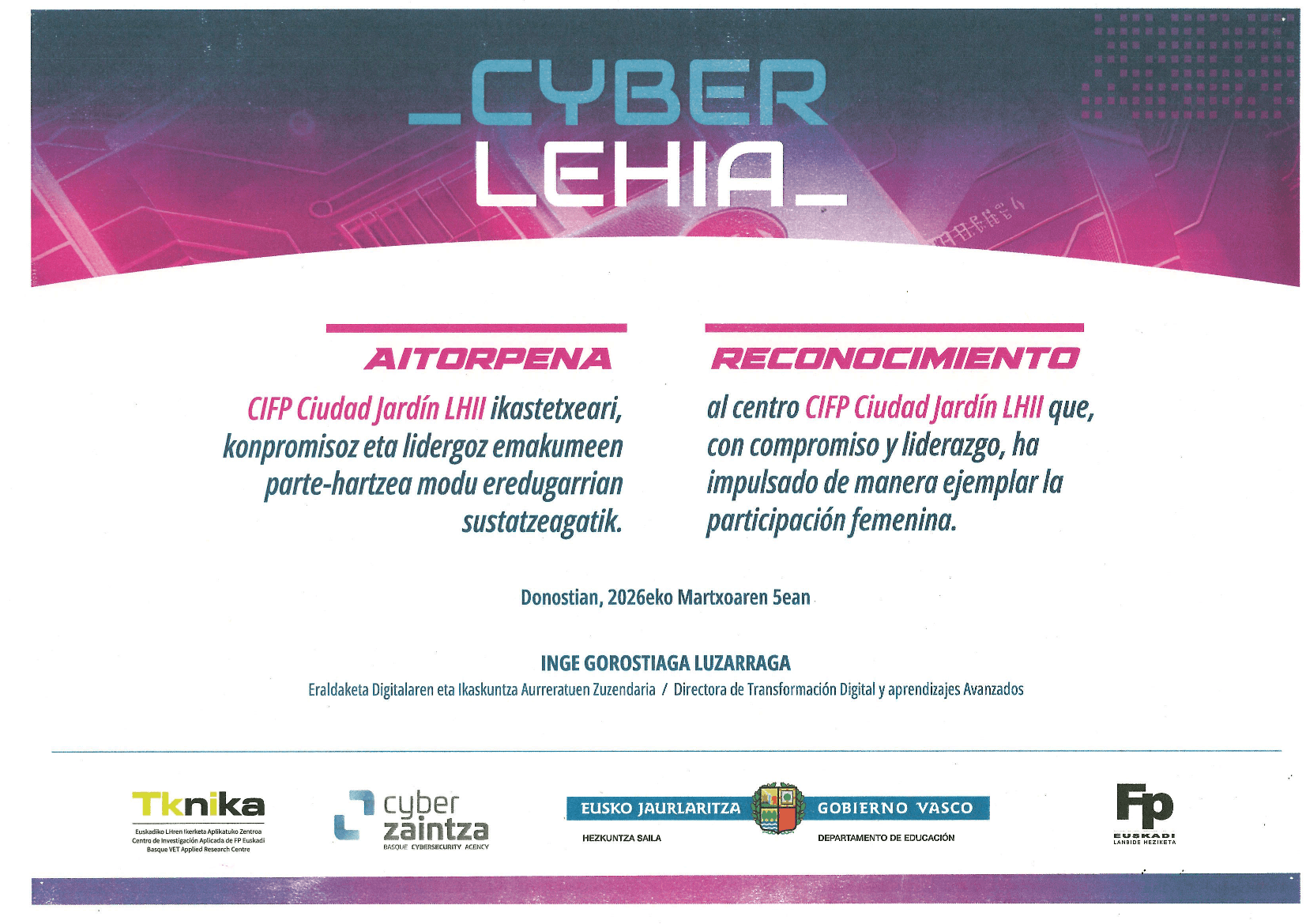 Ciudad Jardínek aitortza jaso du CyberLehian, zibersegurtasuna eta emakumeen talentuari emandako bultzadagatik - CIFP Ciudad Jardin LHII