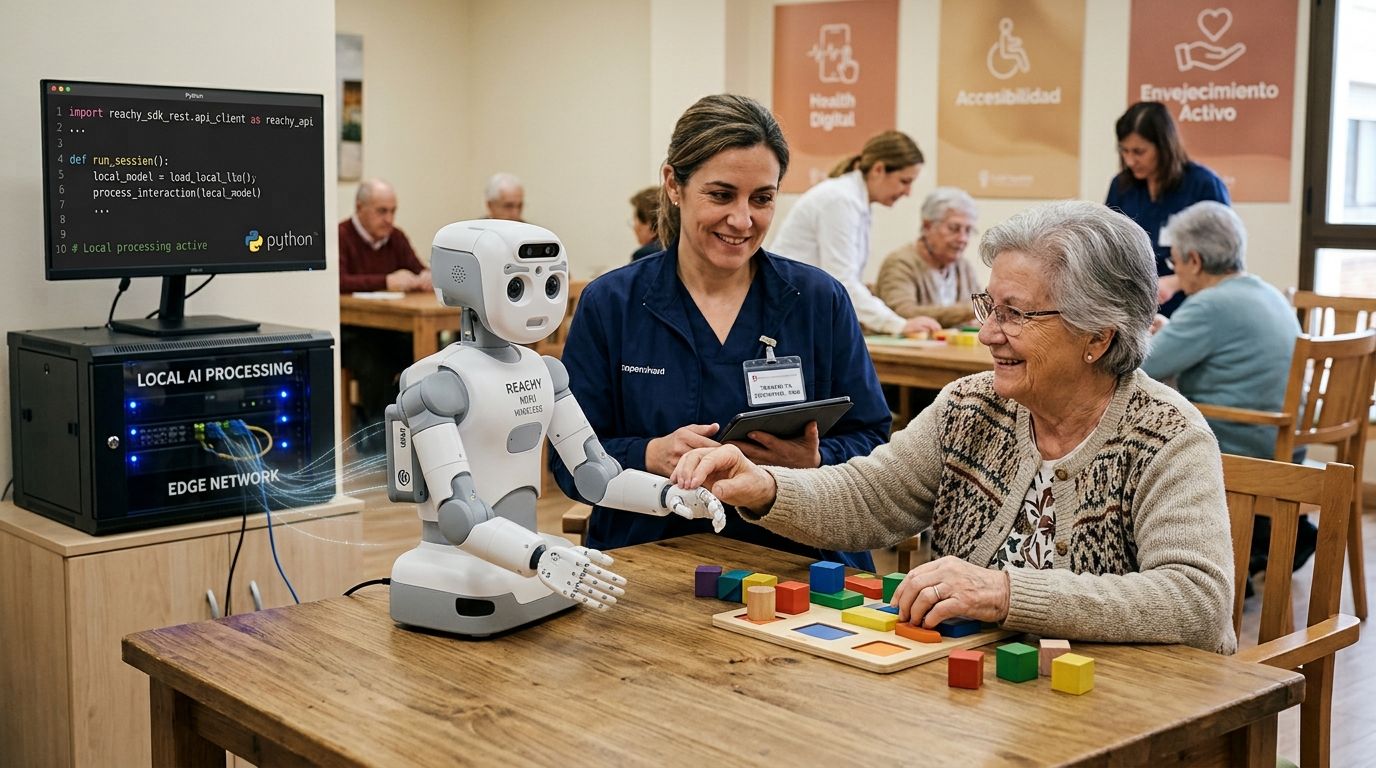 Ilustración de un robot social junto a una profesional y una persona mayor en un taller de estimulación cognitiva.