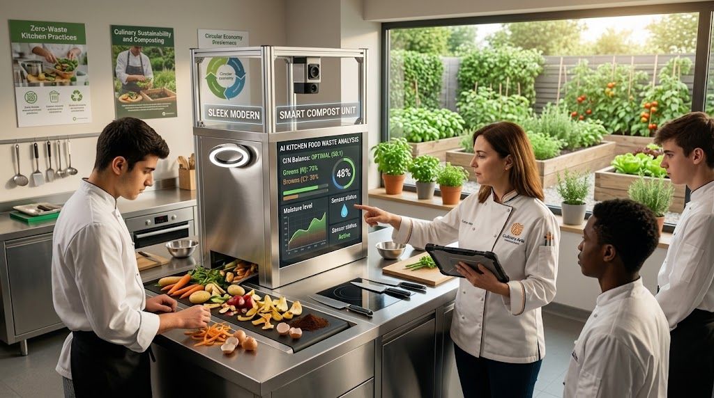 Ilustración de alumnado de hostelería utilizando un sistema de compostaje inteligente en una cocina.